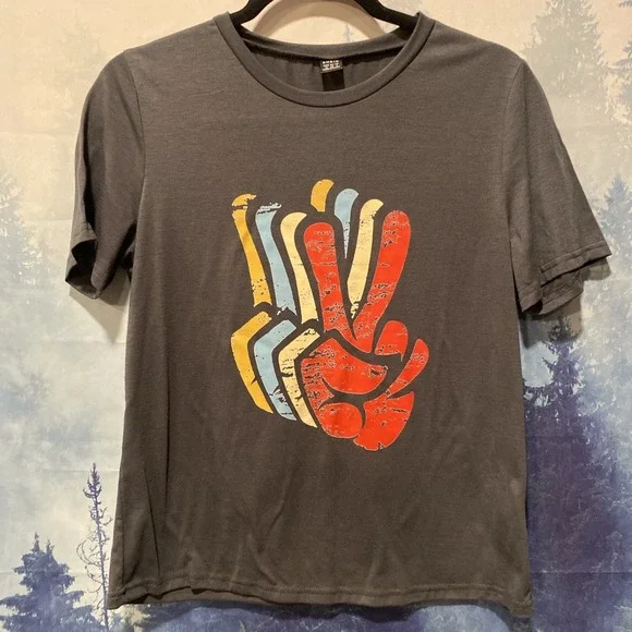 Retro Peace Sign Love 60s 70s Hippie T-Shirt Size M Grey Blue Polyester Spandex - Picture 1 of 3